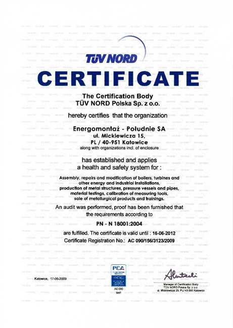 Certificate issued by T V NORD for conformity with the relevant requirements