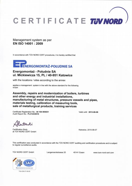 Certificate TUV NORD Management System as per EN ISO 140012009 